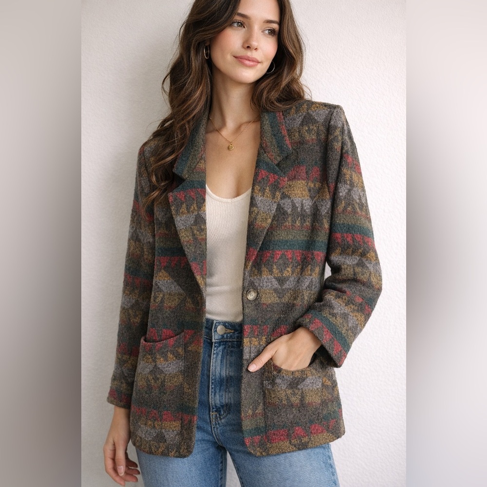 VTG 80s Western Aztec Wool Blend Blazer by Kenneth Mitchell - sz 10 vtg